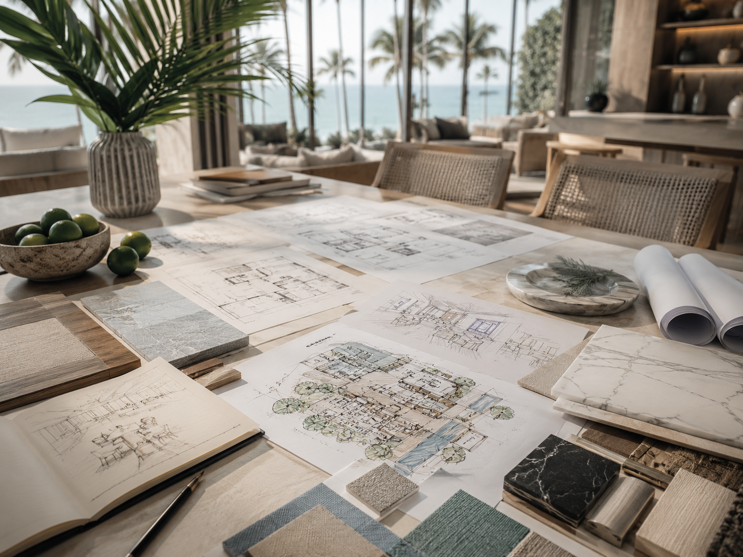 Architectural plans, material samples and amenity concepts arranged for early-stage planning