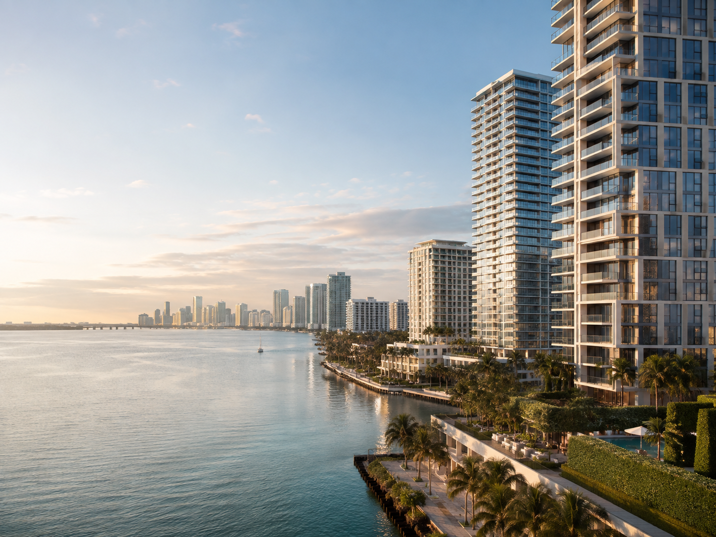 Sunlit coastal skyline with luxury residential towers along the waterfront