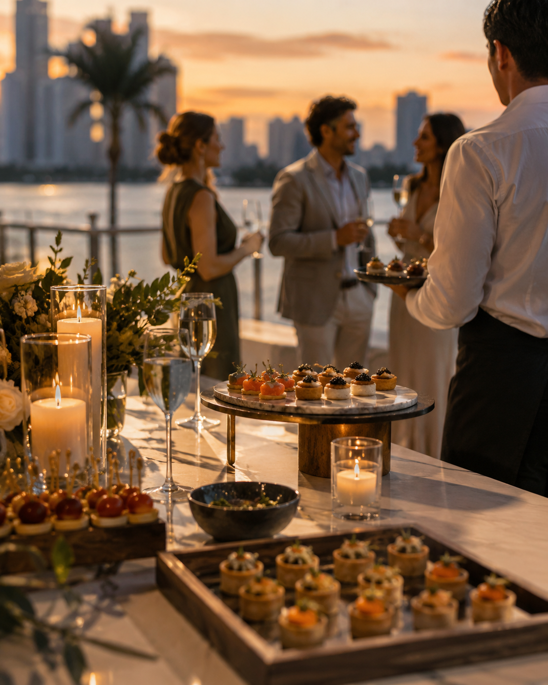 Cocktails and canapés served to residents at a sunset waterfront gathering