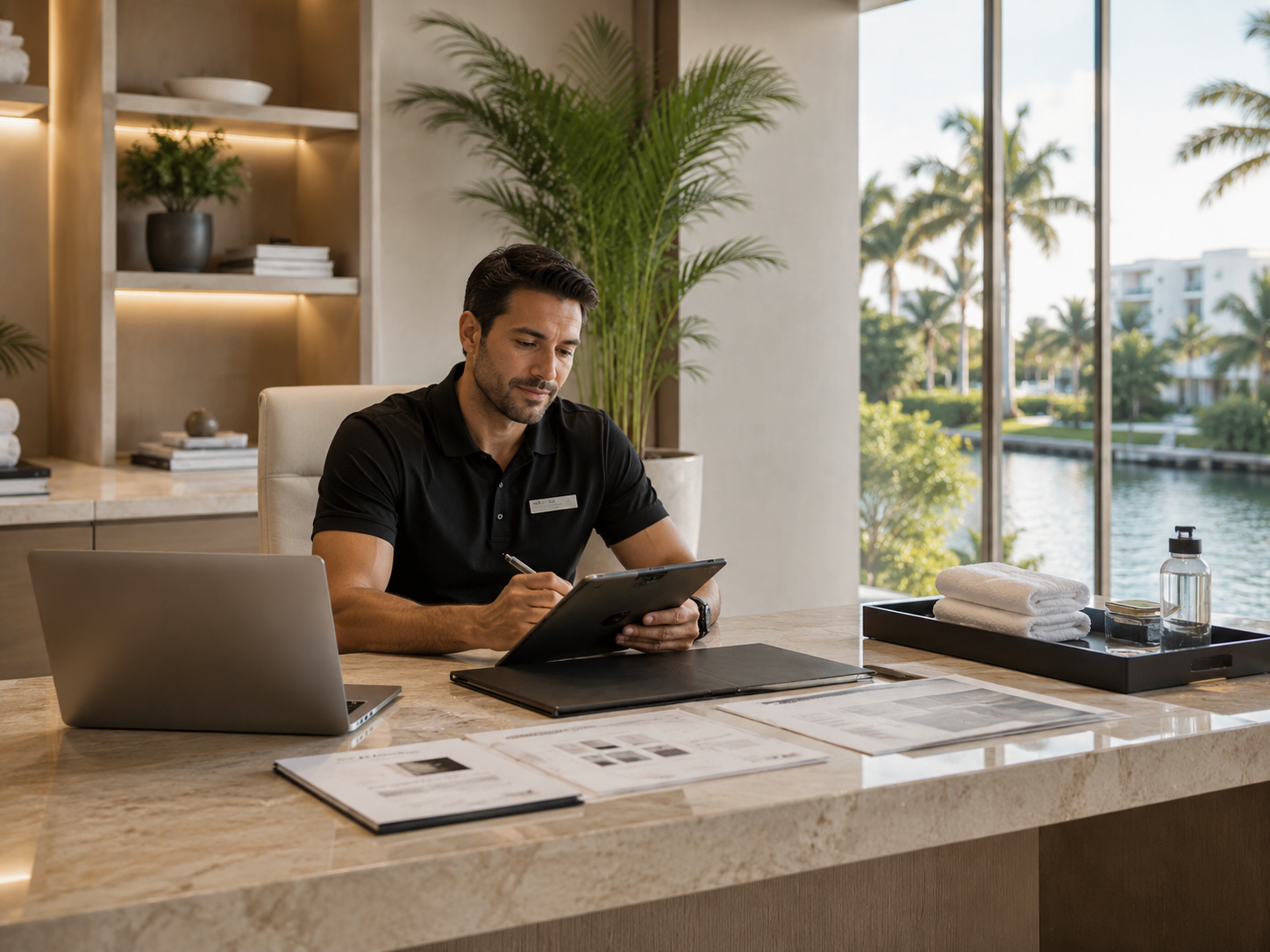 Fitness professional coordinating residential wellness services