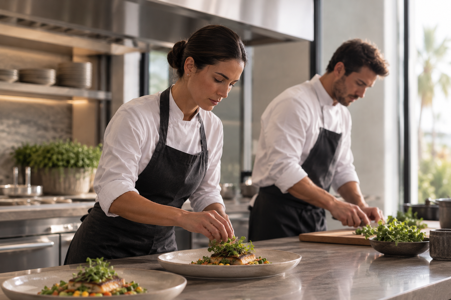 Two chefs preparing plated dishes in a refined residential kitchen