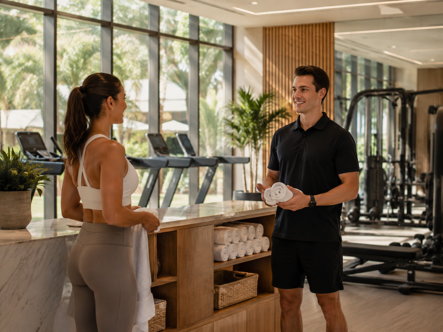 A gym attendant welcoming a resident in a luxury residential fitness center
