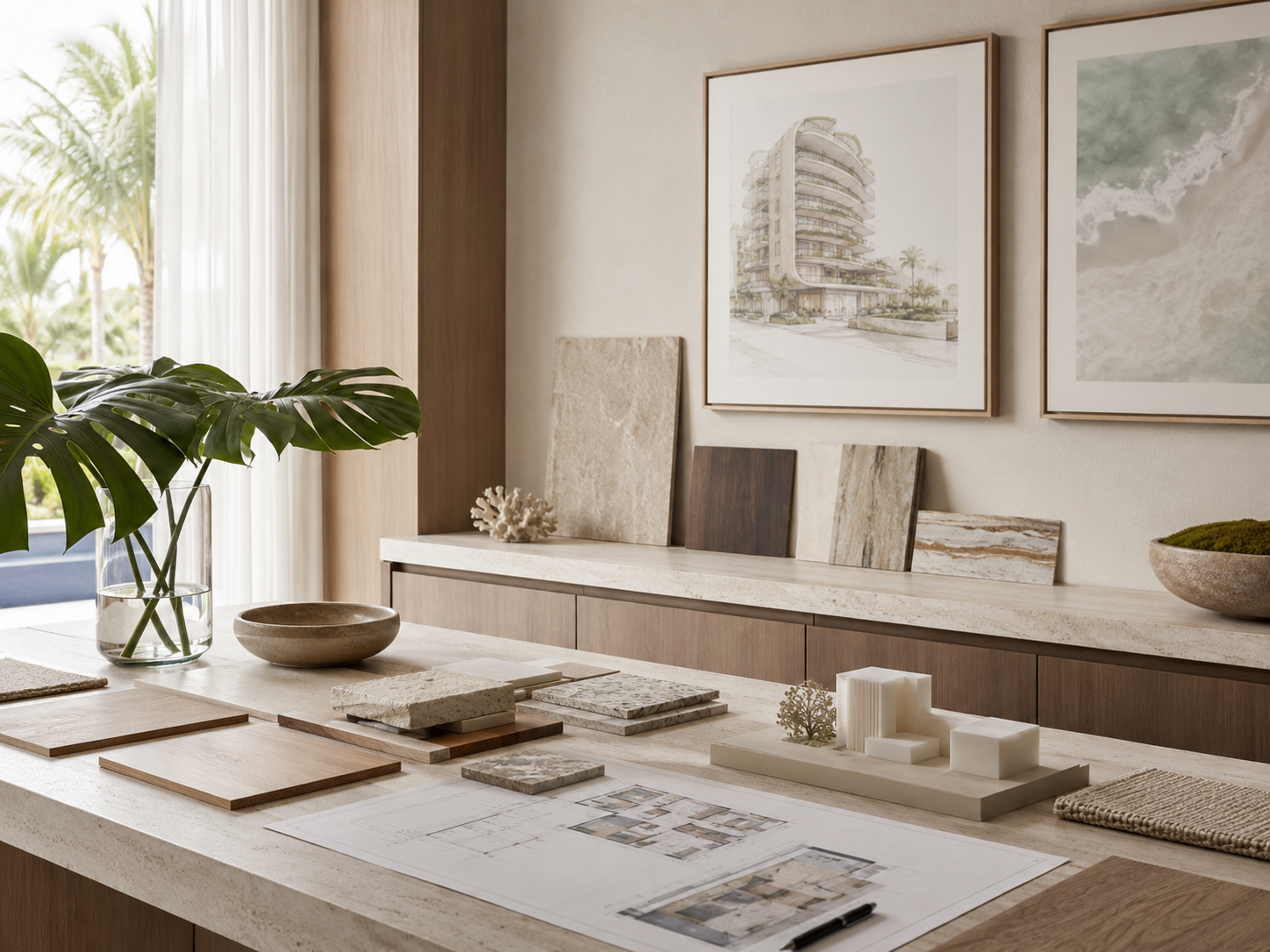 Residential design office with architectural drawings, material samples and a luxury property rendering
