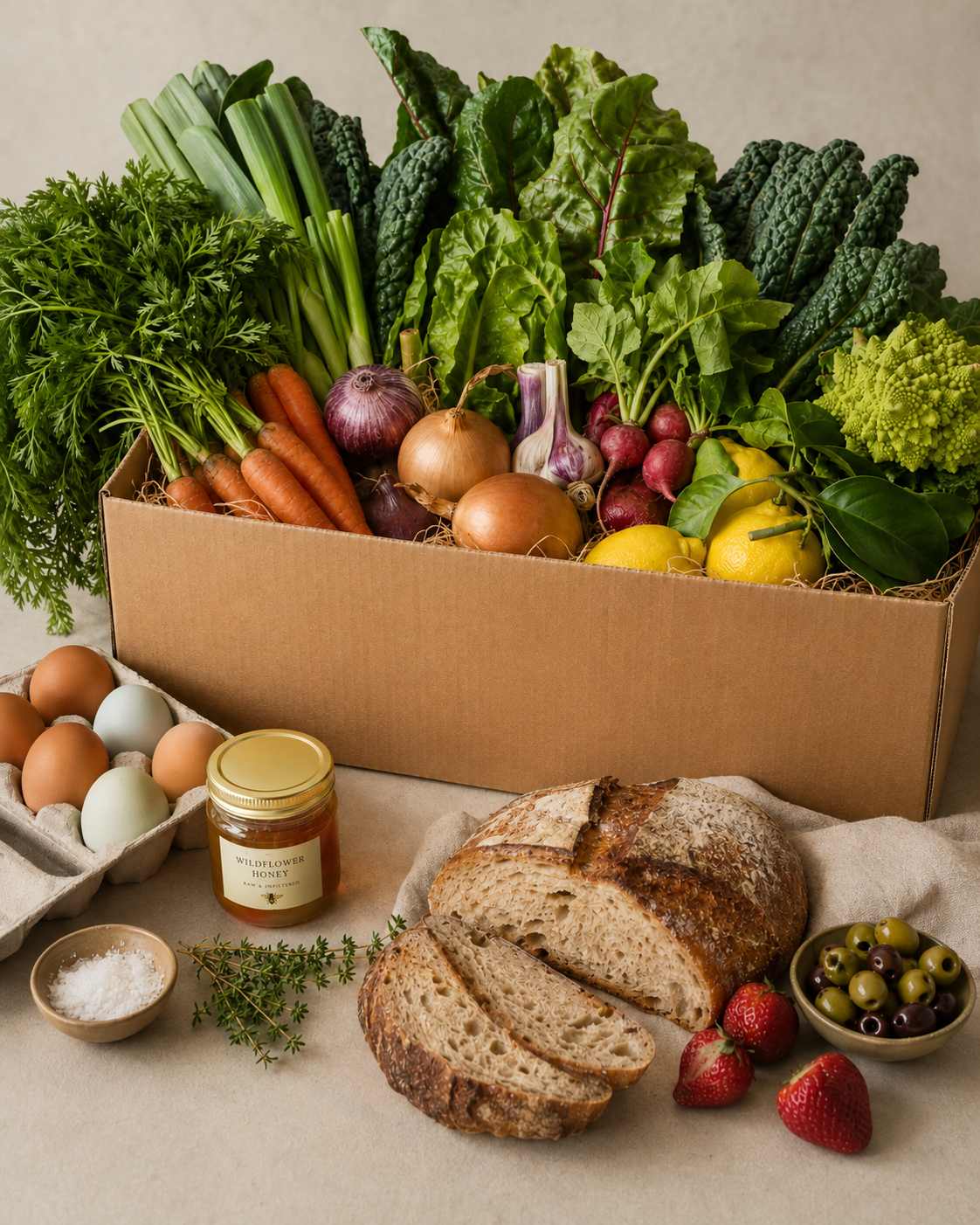 Dalla Terra market box with fresh vegetables, bread, eggs, honey and pantry provisions