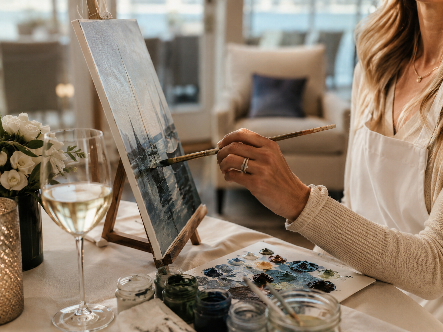 Dolce Vita Social paint and sip experience with a woman painting beside a glass of wine