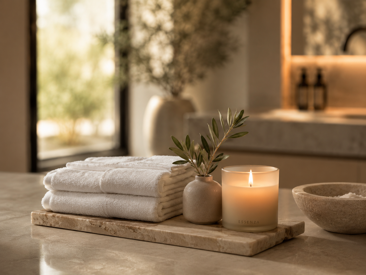 Essenza spa towels, candle and greenery arranged on a warm stone counter