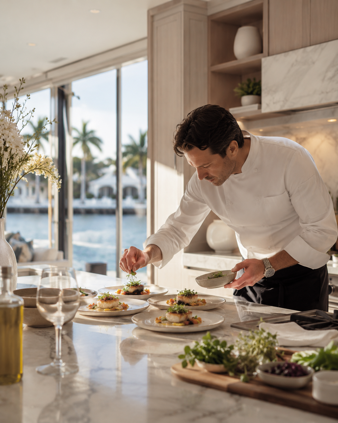 Private chef plating a personalized meal in a refined waterfront residential kitchen