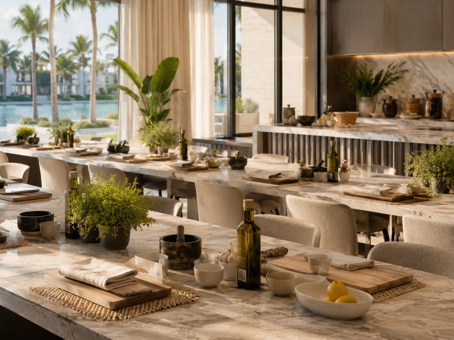 A luxury residential cooking classroom prepared for a resident program