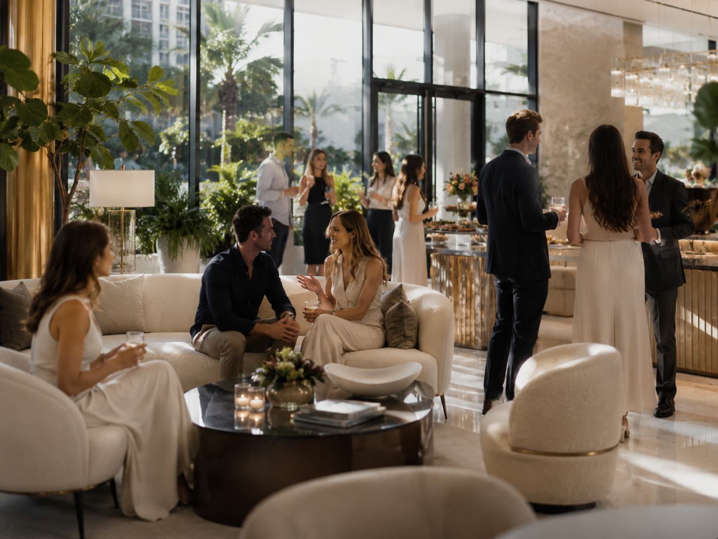 Residents gathering at a professionally hosted event in a luxury amenity space