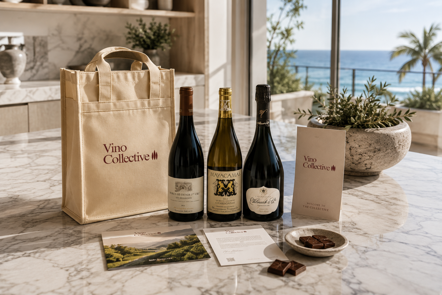 Vino Collective wine tote, bottles and printed materials arranged in a waterfront residence