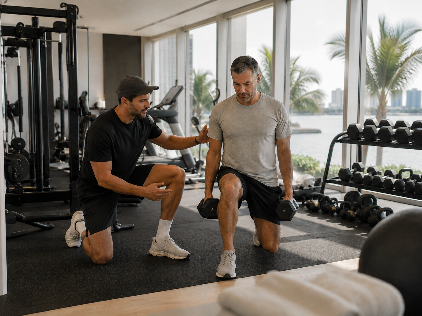 A personal trainer guiding a resident through a lunge in a waterfront residential fitness center