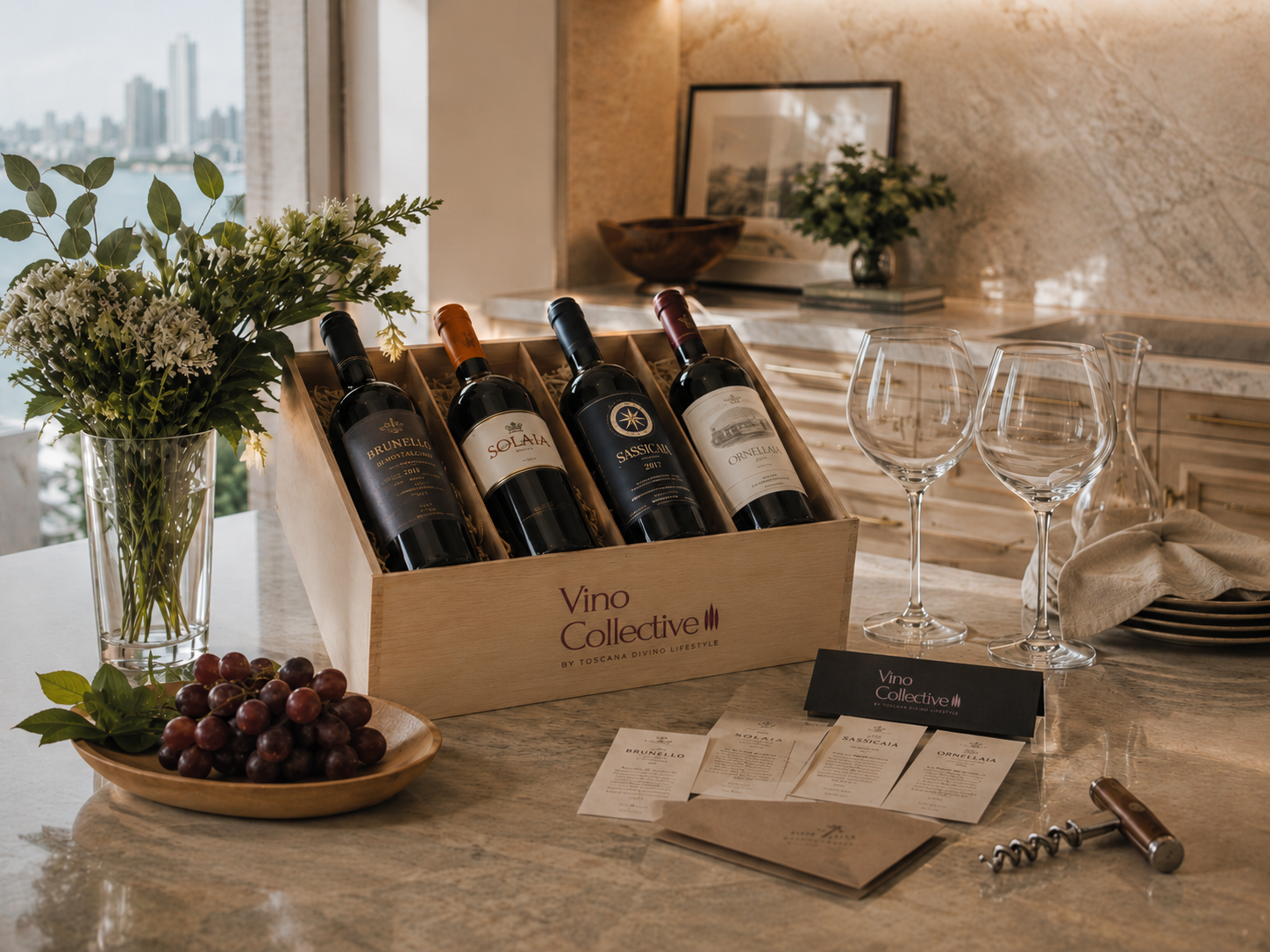 Vino Collective at Home allocation with four wines, tasting notes and glassware in a waterfront residence
