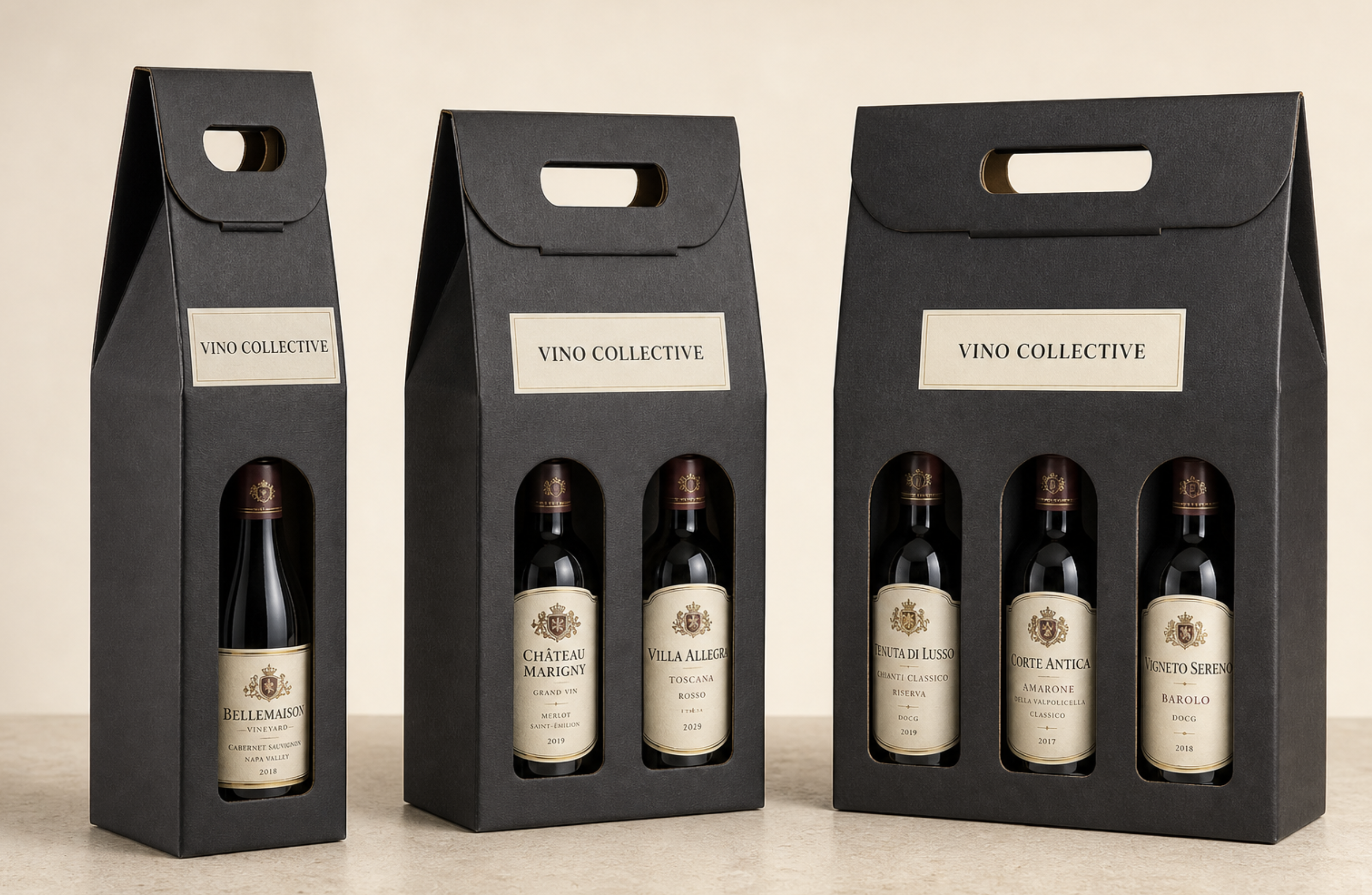 Vino Collective one, two and three bottle black presentation carriers