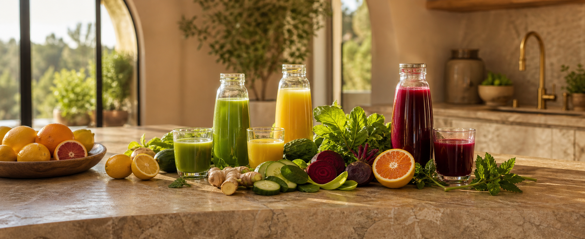 Fresh cold-pressed juices and produce in an elegant residential kitchen