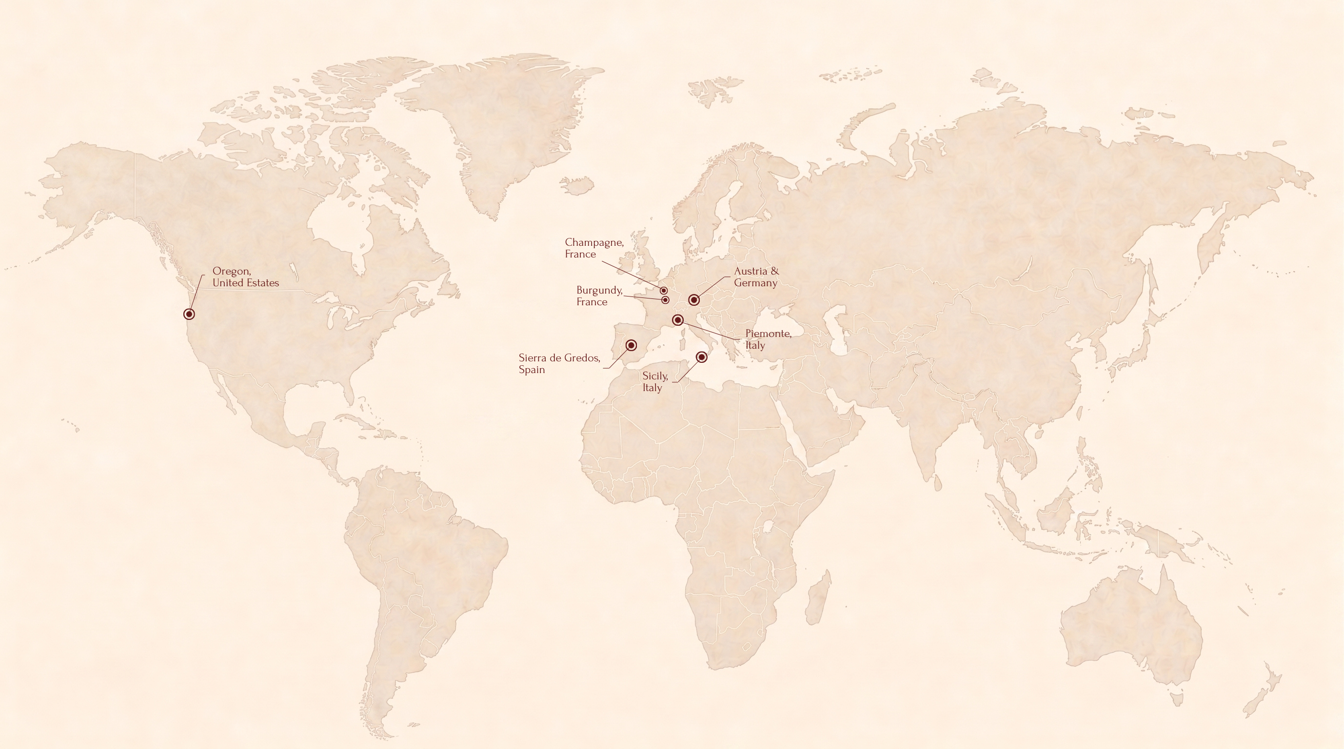 World wine map highlighting California, Sierra de Gredos, Burgundy, Champagne, Piemonte, Austria and Germany, and Sicily