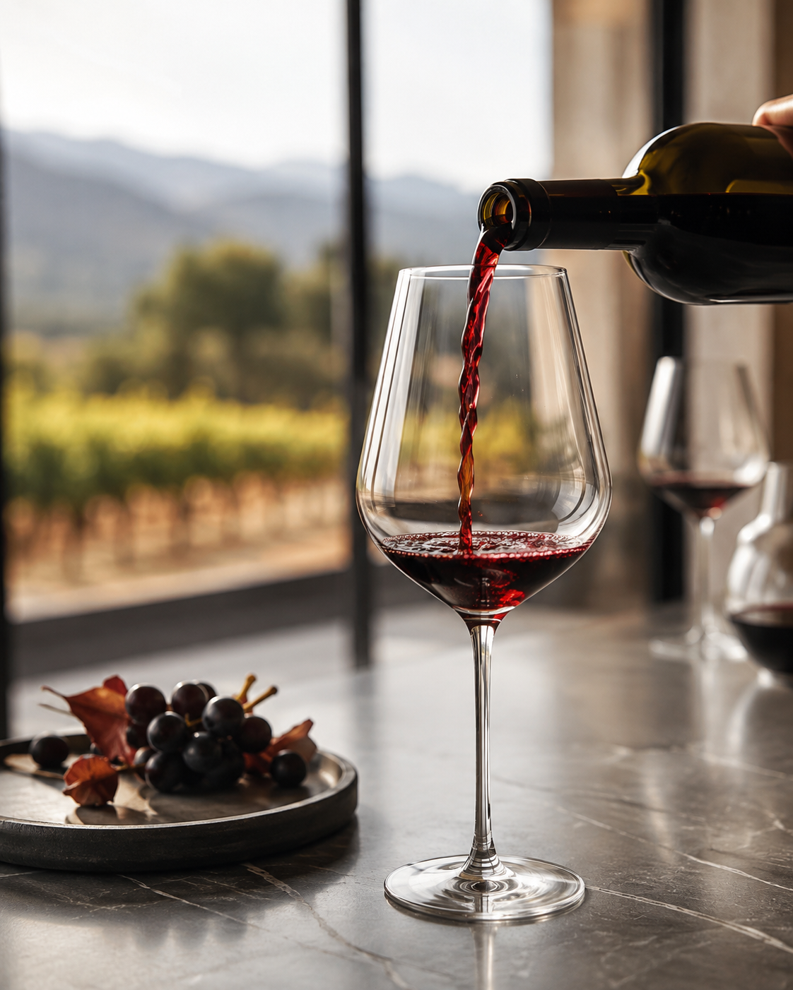 Red wine being poured into a glass overlooking a vineyard